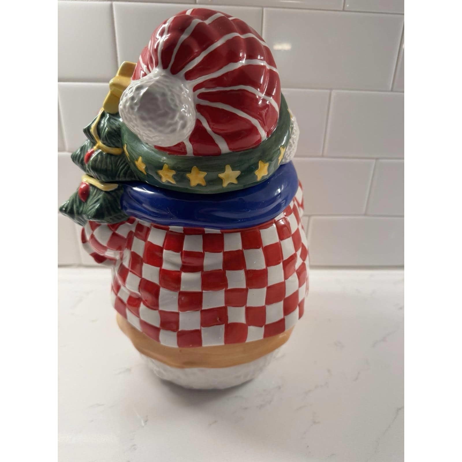 Vintage Young's Heartfelt Kitchen Creations Cookie Jar Snowman Cardinal & Tree