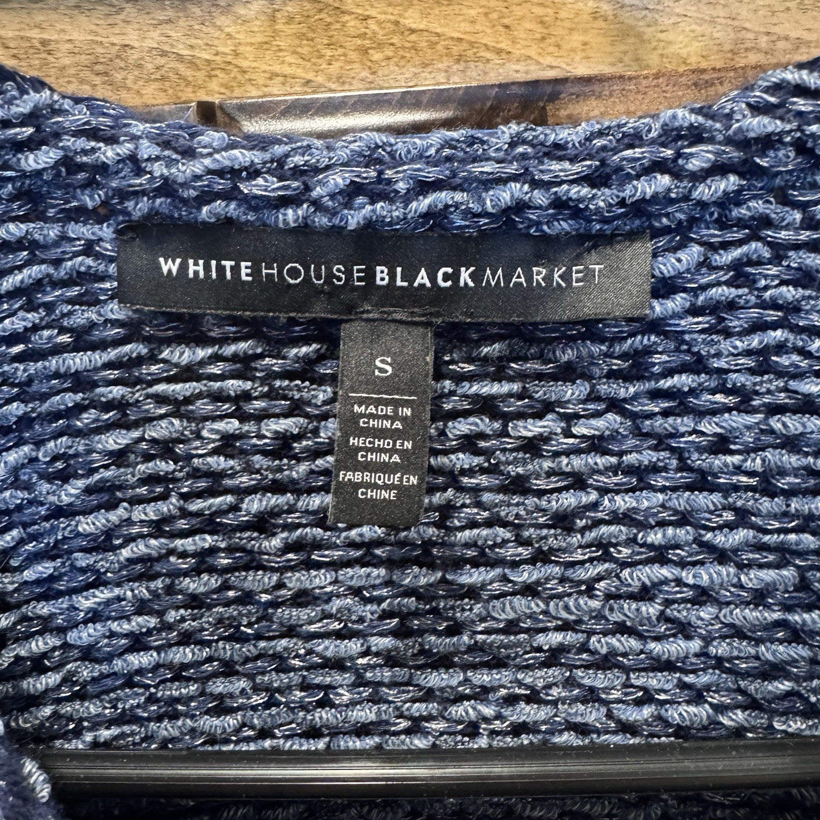 White House Black Market Women’s Fringe Tweed Knit Jacket Small Blue Open Front