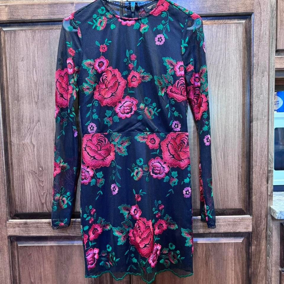 Nasty Gal Collection Floral Mesh Mini Dress Long Sleeve Black Red Green Size S