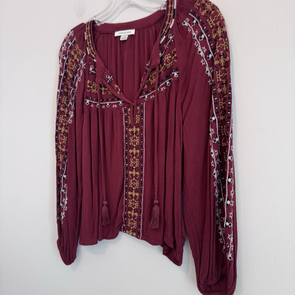 American Eagle Peasant Blouse Womens S Burgundy Embroidered Boho Hippie Casual
