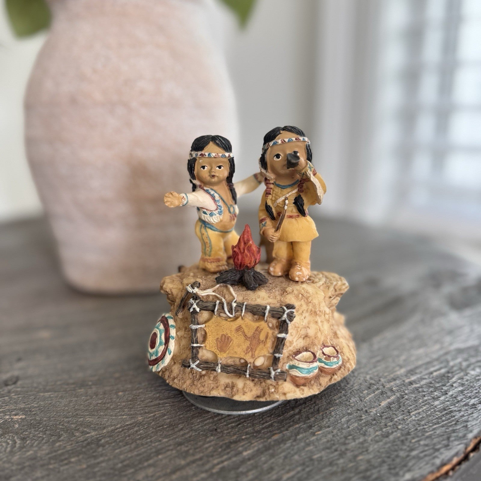 Vintage Native American Children Music Box Campfire Figurine Resin Decor Indian