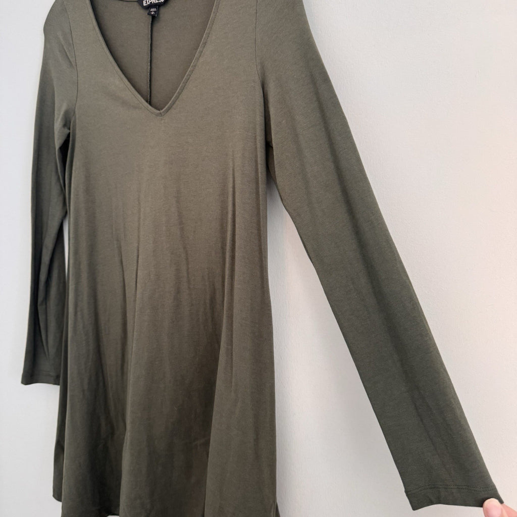 Express Olive Green Long Sleeve V-Neck Women's Casual Shift Dress Small