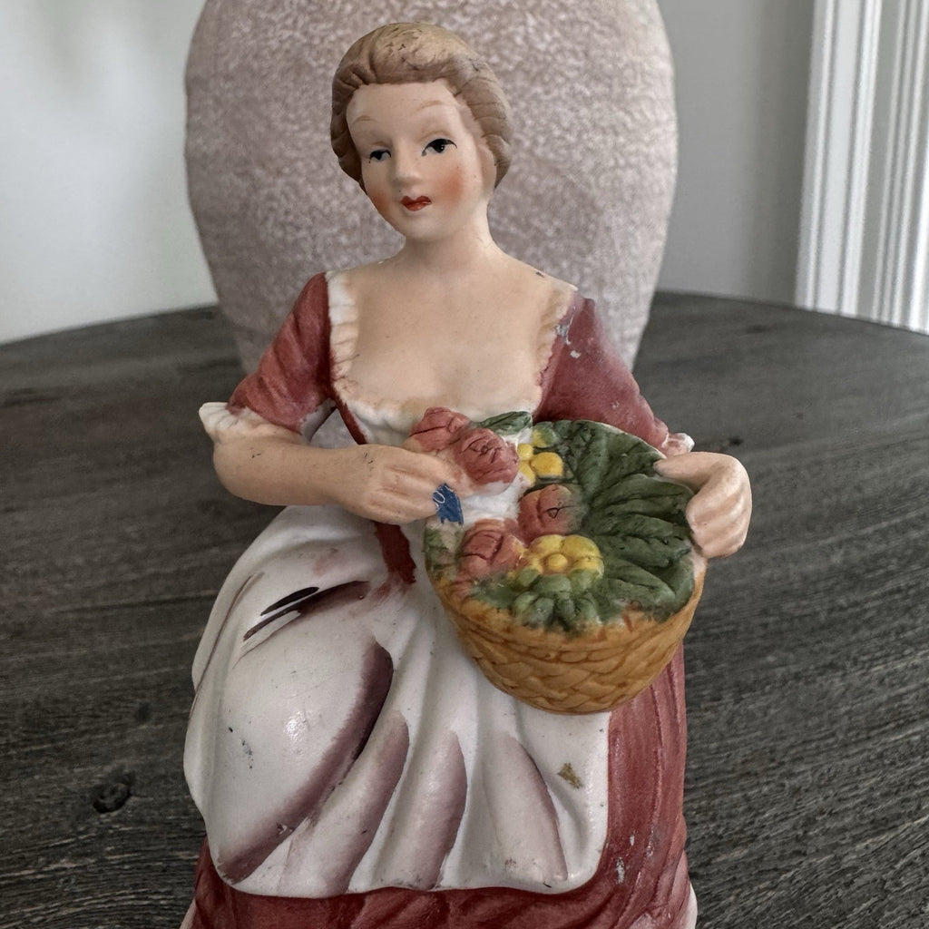 Vintage Porcelain Colonial Lady Figurine Korea Flower Basket Bisque Finish 5"
