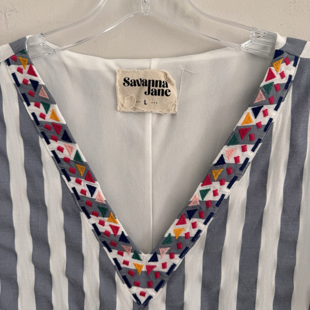 Savanna Jane Striped Embroidered Dress Women's Size L V-Neck Boho Blue White