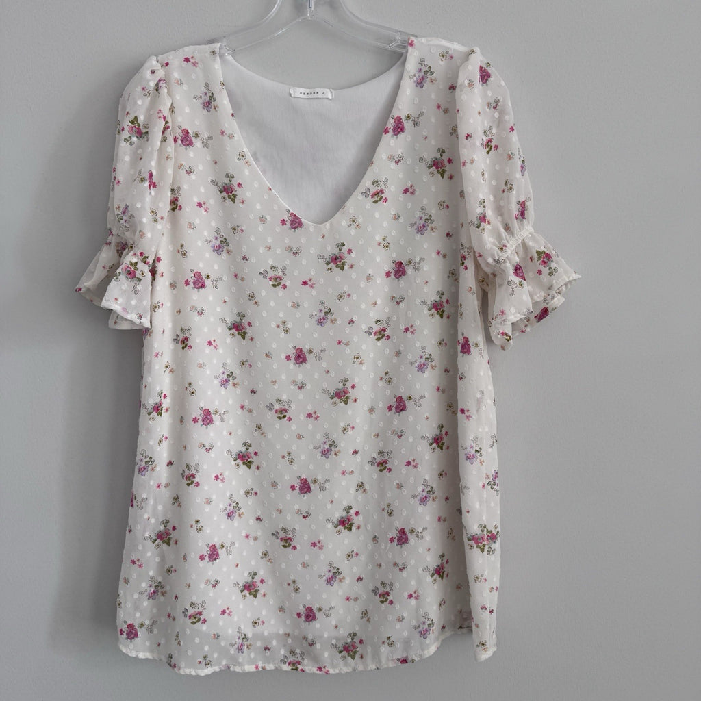 Reborn J Floral Swiss Dot Blouse Small Ivory Ruffle Sleeve