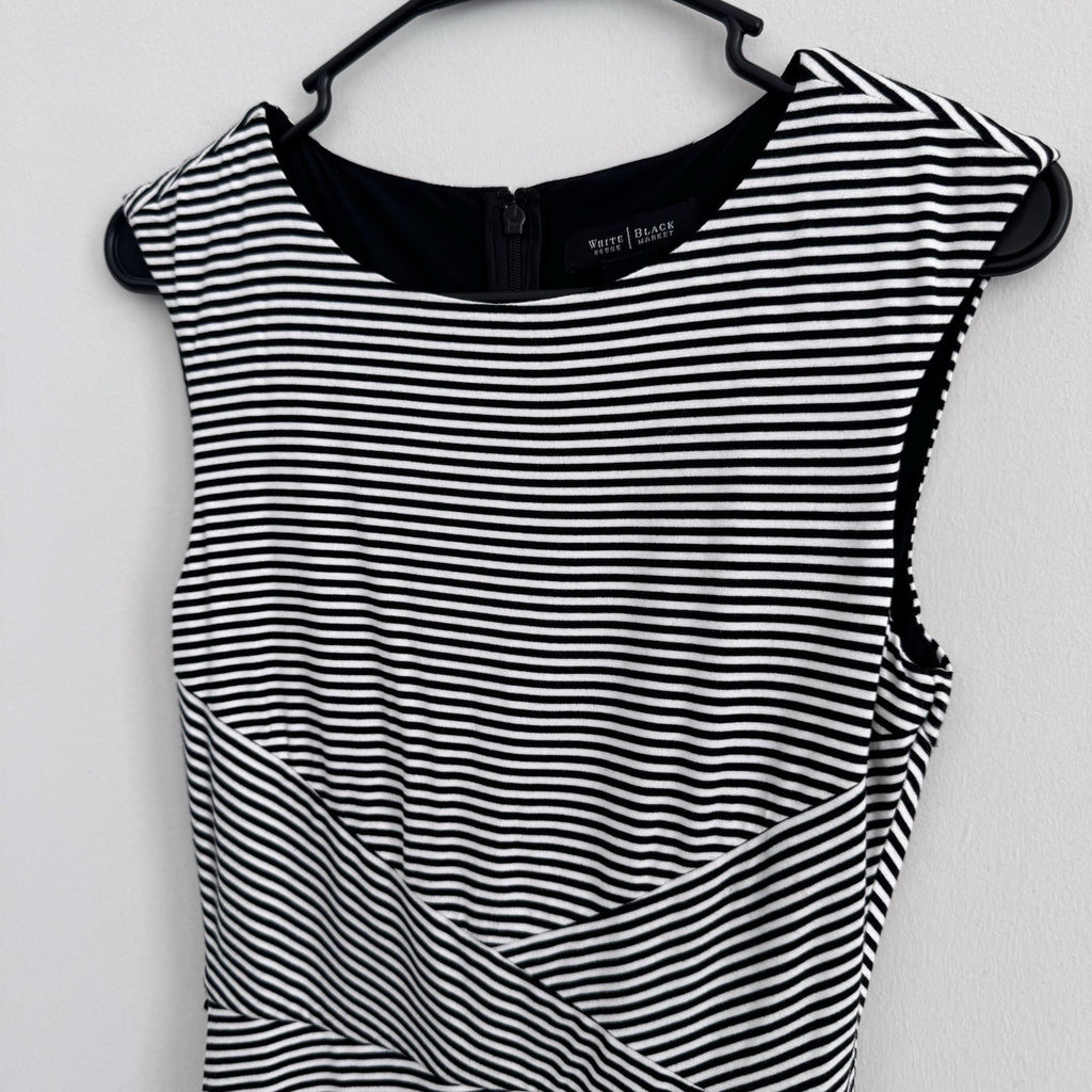 White House Black Market Striped Sheath Dress 14 Black White Ruffle